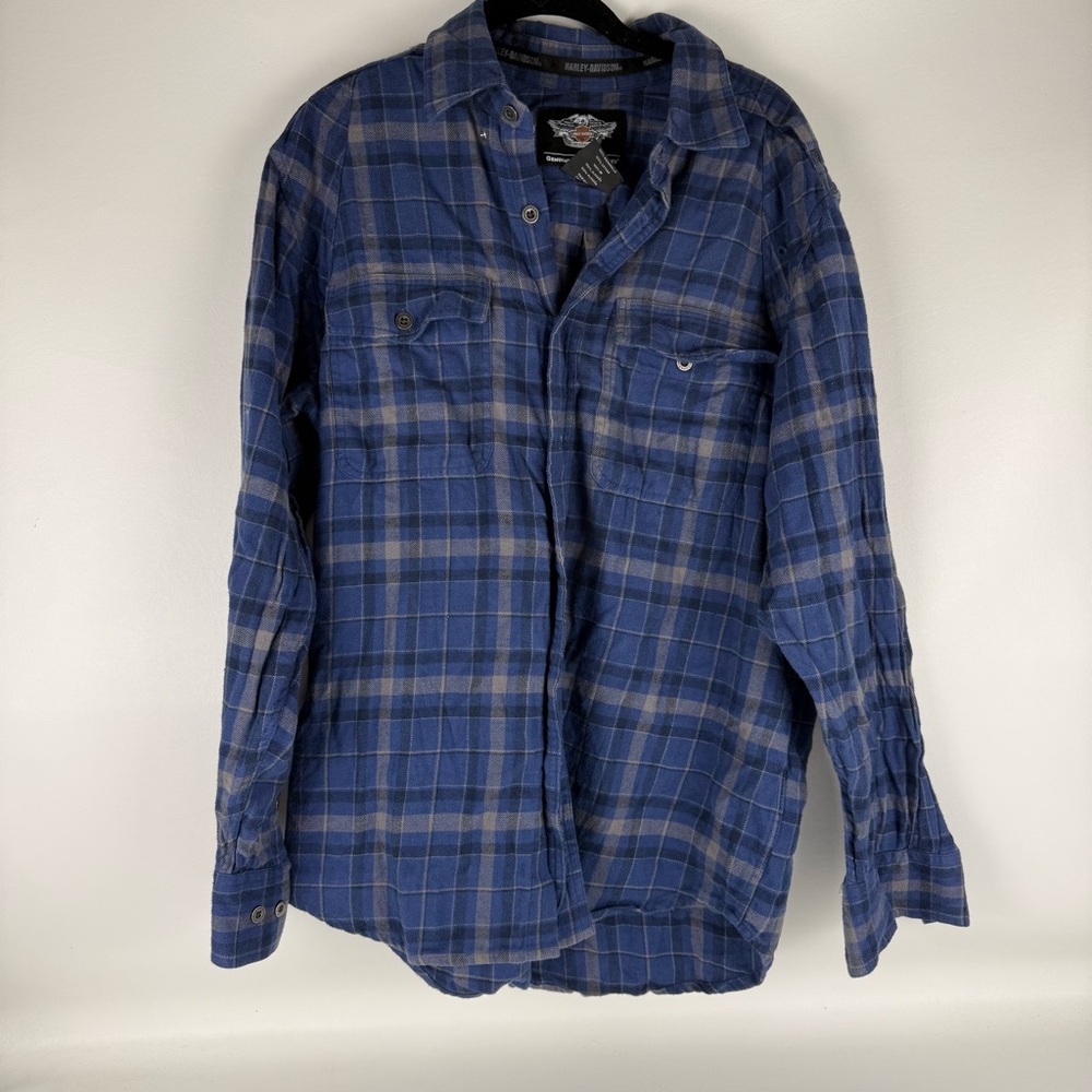 Harley-Davidson Men's Blue Plaid Embroidered Flannel Shirt - Size Medium